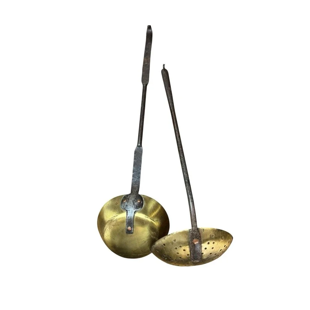 2 Vintage Brass Ladles with Iron Hanging Handles Copper Rivets.  16.5” & 20”